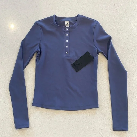 NWT 90 Degree By Reflex Womens Skylar Ribbed Henley & Ribbed Blue Long Sleeve XS - Picture 1 of 8